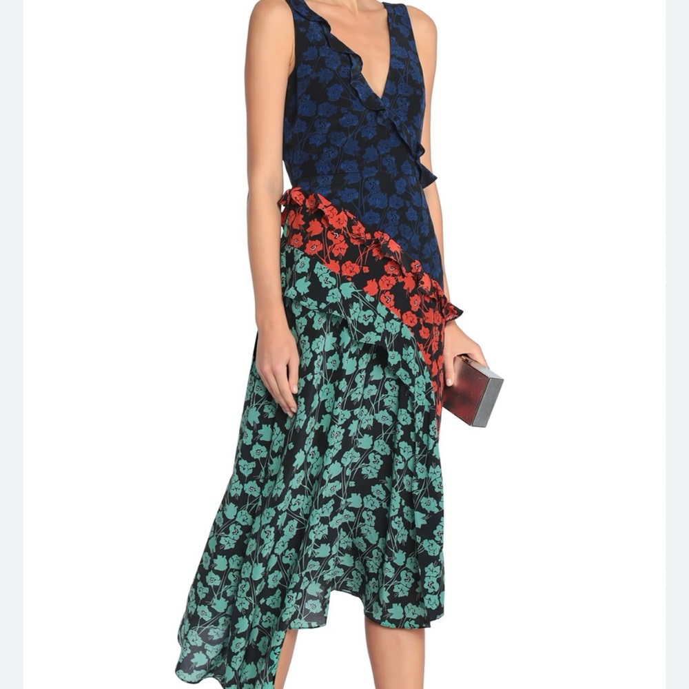 SALONI Aggie Asymmetrical Floral Dress in Black, Blue, Reddish Orange, and Green